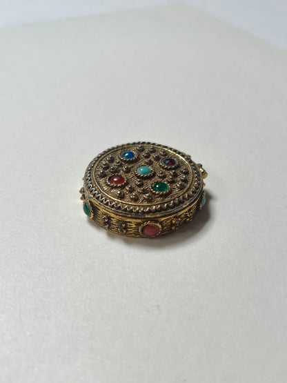 Vintage Trinket Box - Brass Pill Box - Round - Multicolor Gem Stones