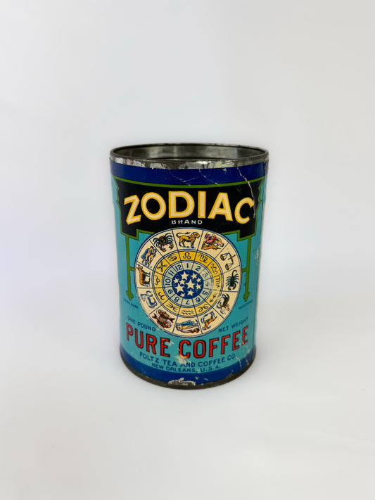 Rare 1920s New Orleans Zodiac Brand Pure Coffee Tin by Foltz Tea & Coffee Co.