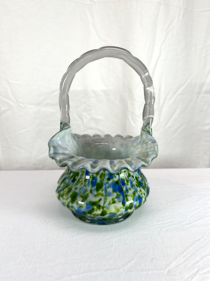 Vintage Art Glass - Ruffled Basket - Murrhina Aventurine - Green and Blue - Fenton - 1960s