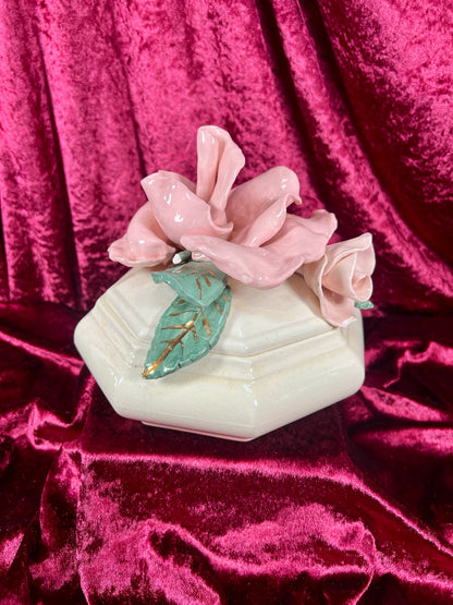 Vintage Trinket Dish - Ceramic - Giant Pink Rose - Chipped