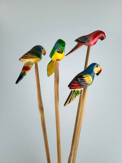 Vintage Carved Wood Painted Parrots Decorative Garden Stakes - Set of 4