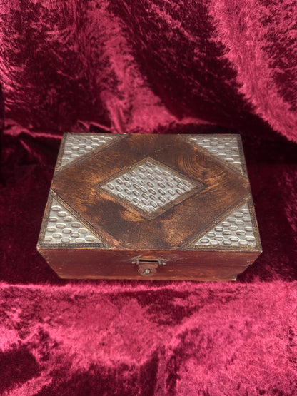 Vintage Dark Wood Trinket Storage Box – Geometric Metal Inlay - Lockable Lid