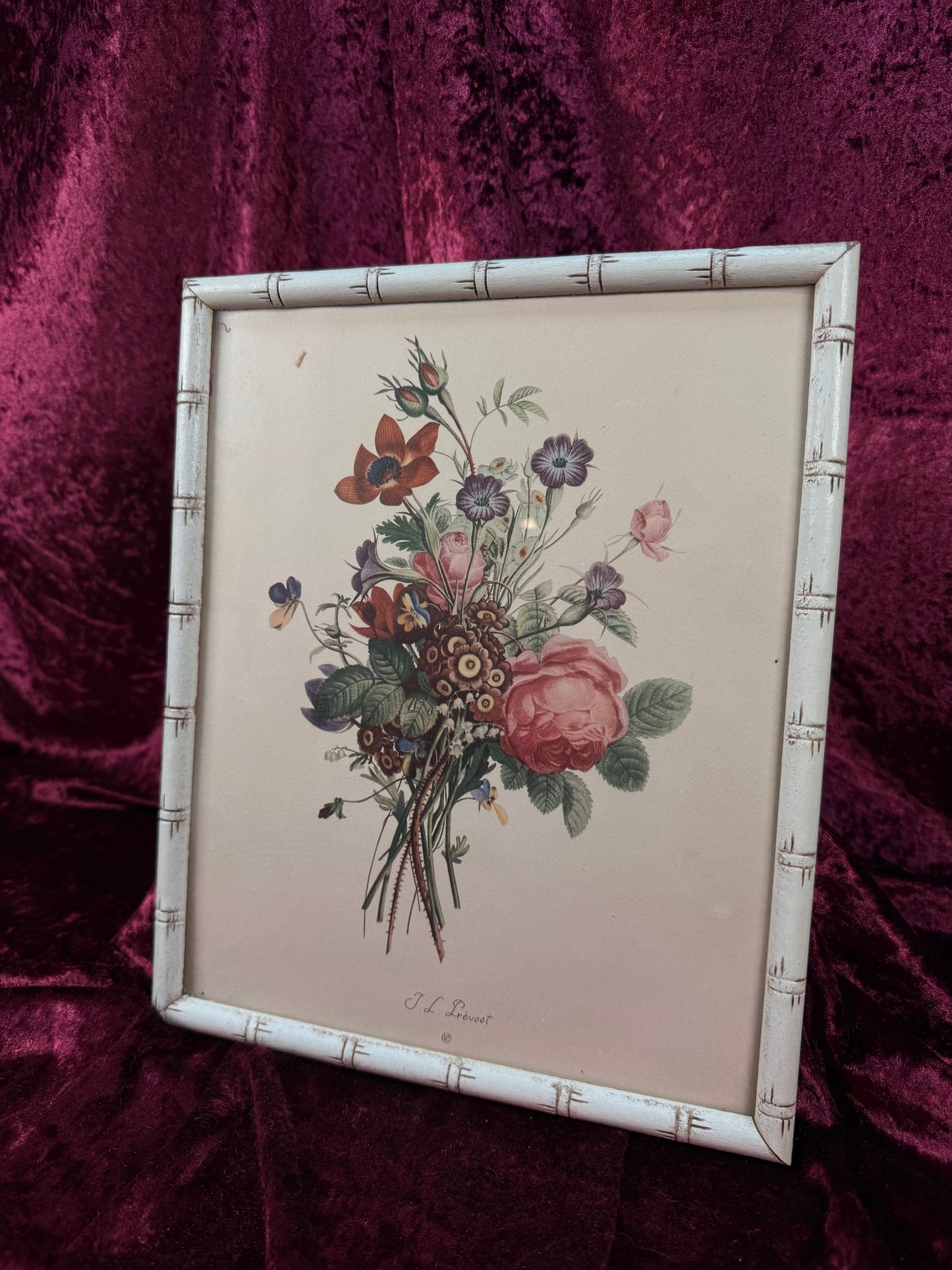Vintage Framed Botanical Print – Romantic Floral Bouquet Bamboo Style Frame