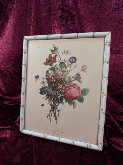 Vintage Framed Botanical Print – Romantic Floral Bouquet Bamboo Style Frame