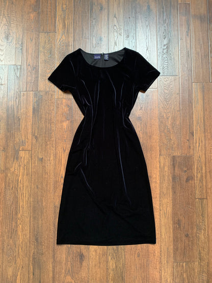 Vintage Clothing - Shift Dress with Waist Ties - Black Velour - Hillard & Hanson - Medium