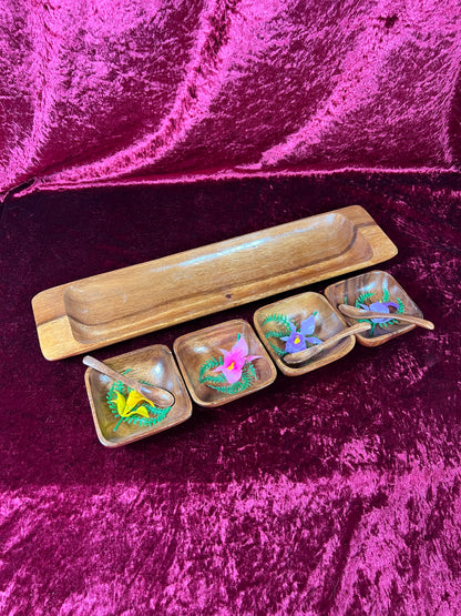 Vintage Kitchen - Tiki Teakwood Snack Tray with Sauce Bowls and Spoons