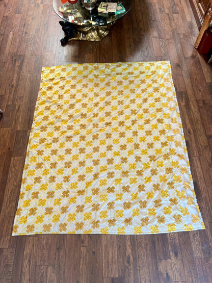 Vintage Linens - Handmade Quilt - Buttercream Yellow - Groovy Floral Patchwork - Double Sided - 81” X 67.5”