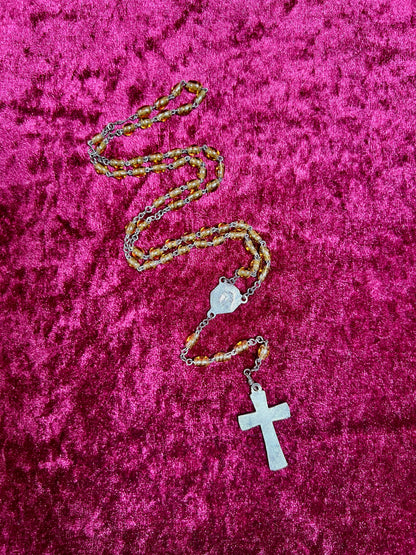 Vintage Jewelry - Rosary Beads - Clear Amber Beads - Brass Tone Cross - 14"
