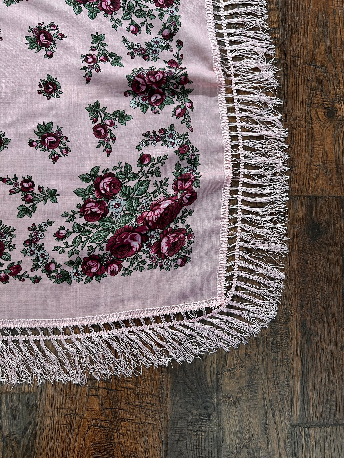 Vintage Kashmir Woole Floral Fringe Scarf - Pink Rose Square Wrap Bohemian Style