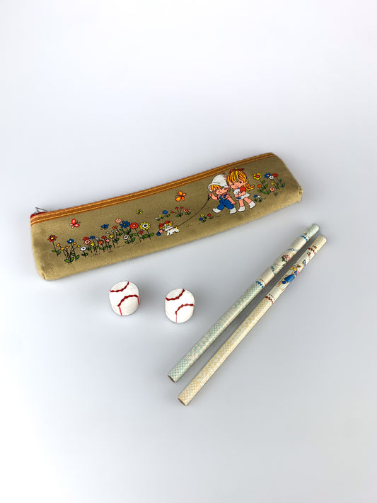 Rare Vintage 1980s Kutsuwa Beautiful Sunday Pencil Case with Original Pencils & Erasers - Japan