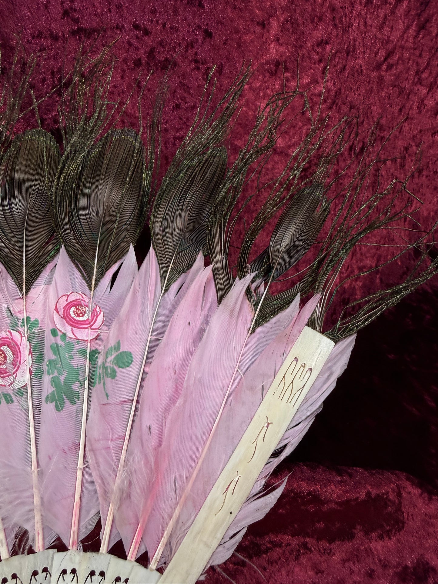 Antique Chinese Handheld Fan - Peacock Feathers and Pierced Bone Staves – Hand Painted