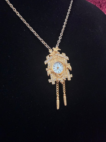 Vintage Gold Tone Cuckoo Clock Necklace – Rhinestone Accent Pendant