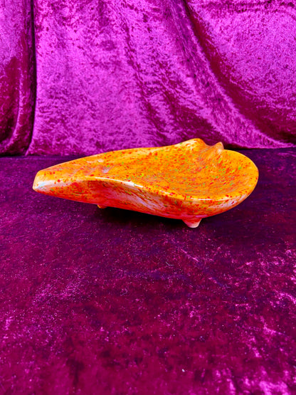 Vintage Ashtray - Sculptural Ceramic Drip Glaze - Bright Orange with Green Flecks - Large