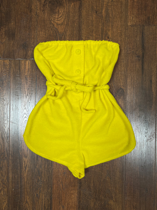 Vintage 1970s Yellow Terrycloth Playsuit - Strapless Belted Bathing Suit Cover-Up - Small