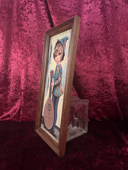 Vintage Mid Century Framed Wall Art – Big Eyes Lyre Harlequin Girl Portrait - Moppet by Jean Maio