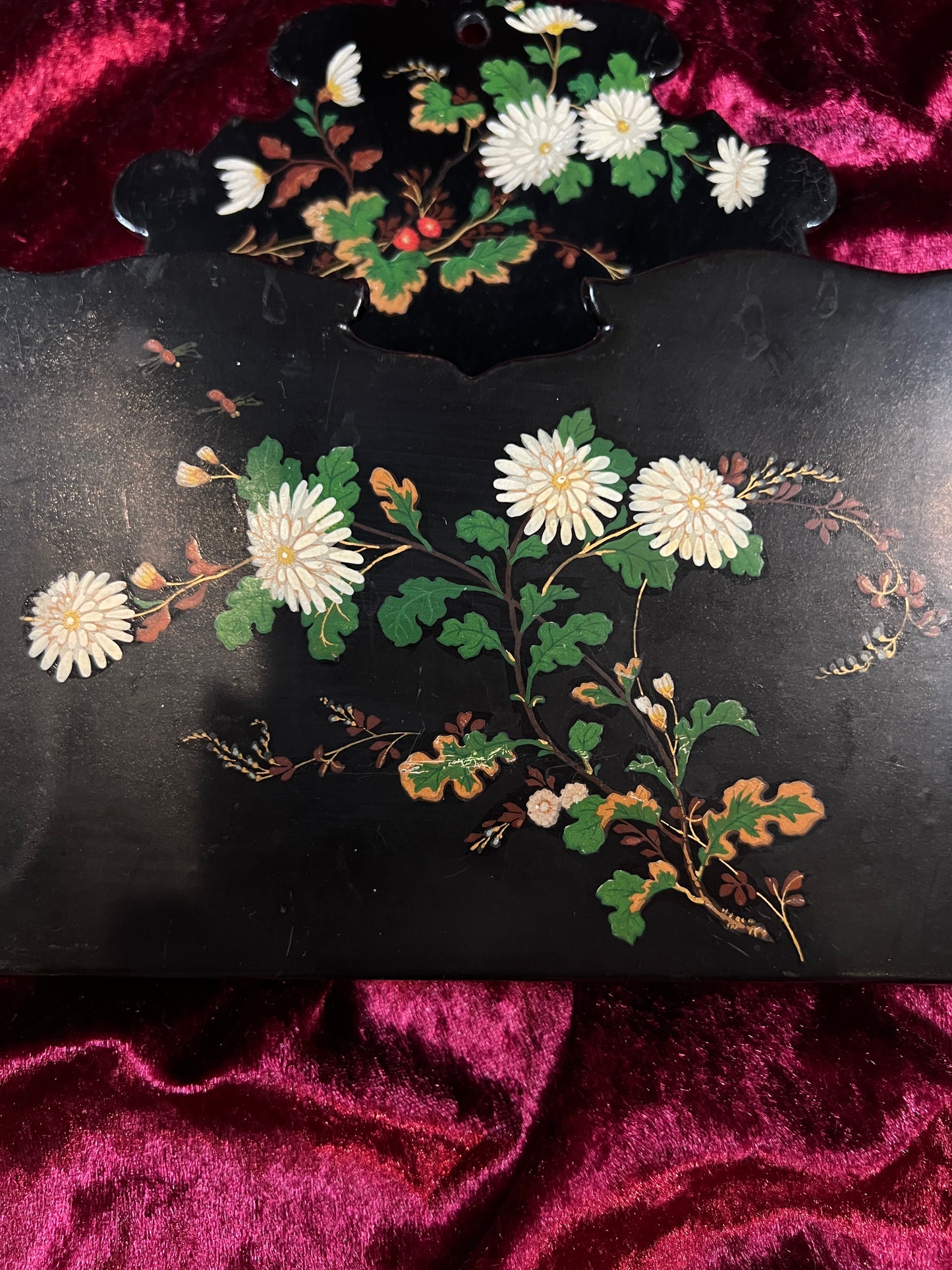 Antique Papier Mache Wall Pocket - Victorian Black Lacquer Painted White Flowers