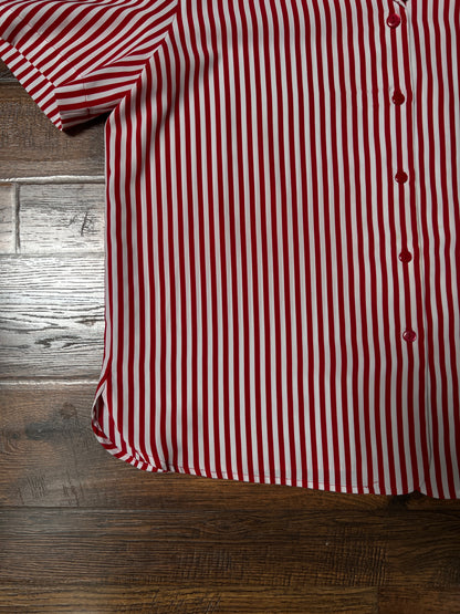 Vintage Liz Baker Petite Polyester Blouse – Red & White Striped Button Up – Large