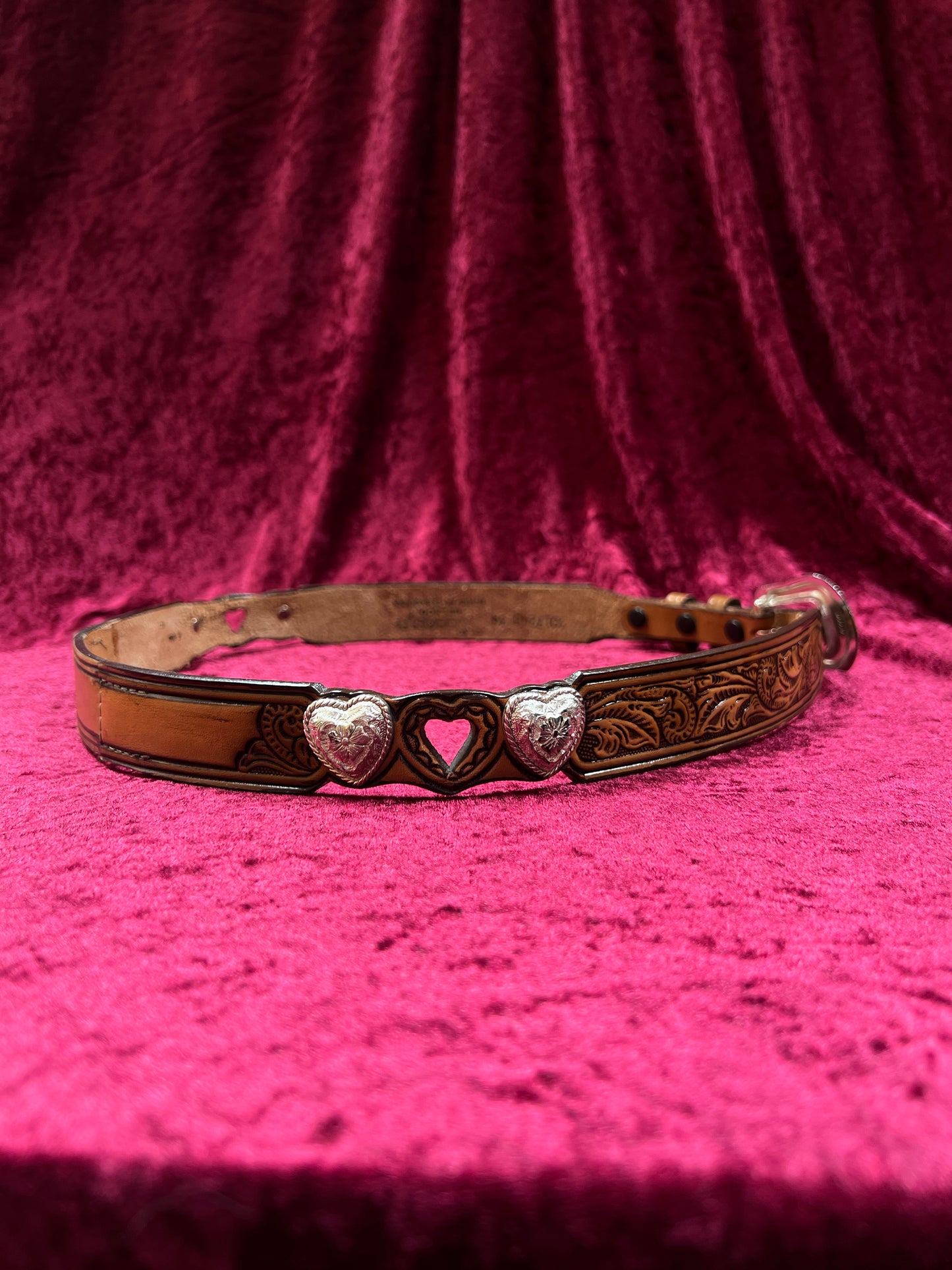 Vintage Nocona Leather Western Belt - Tooled Heart Cutout Silver Concho Belt USA Made - 34-37.75"