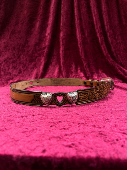 Vintage Nocona Leather Western Belt - Tooled Heart Cutout Silver Concho Belt USA Made - 34-37.75"