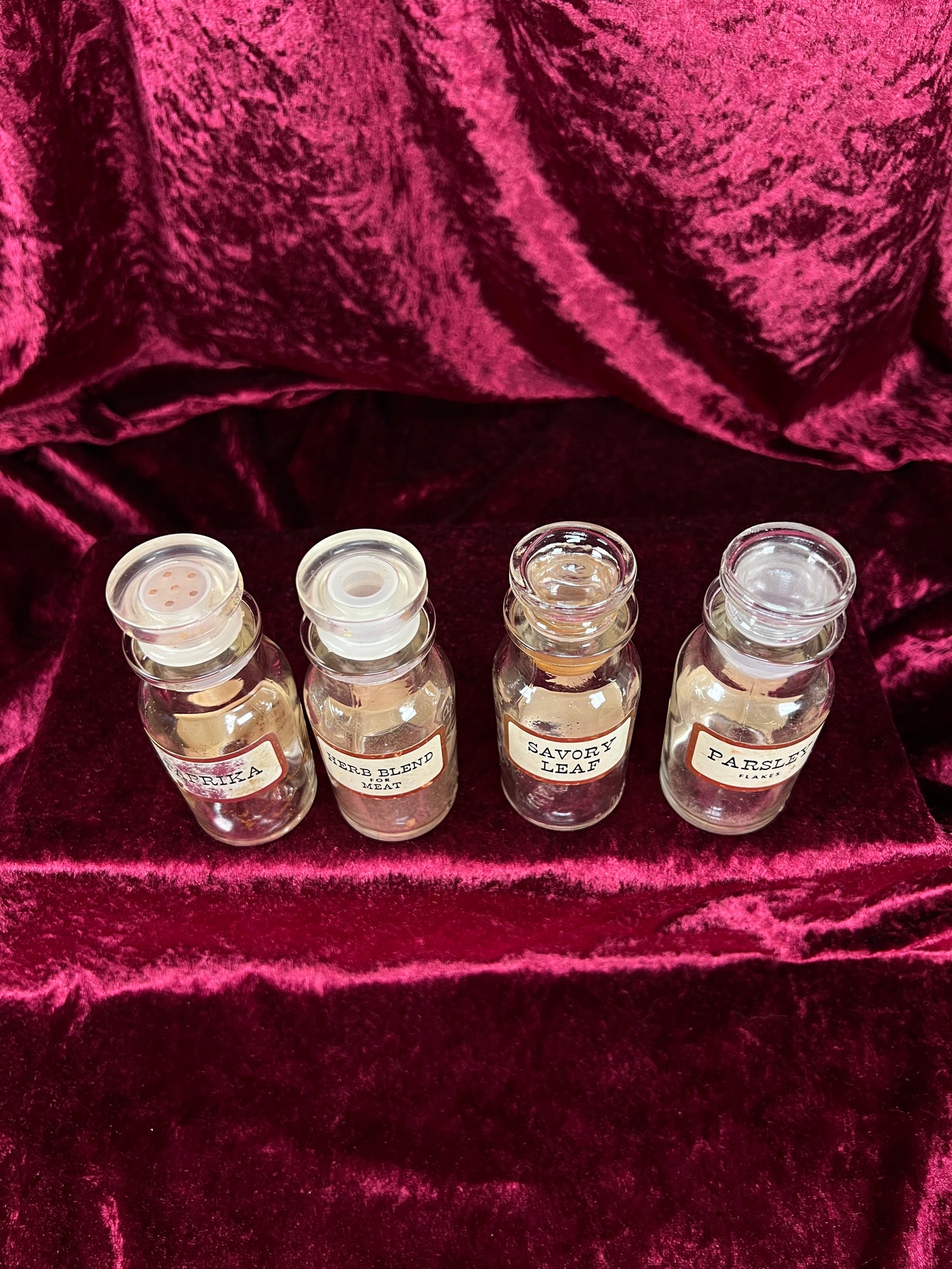 Vintage Glass Apothecary Style Spice Jar Set with Original Labels - Kitchen Collection Set