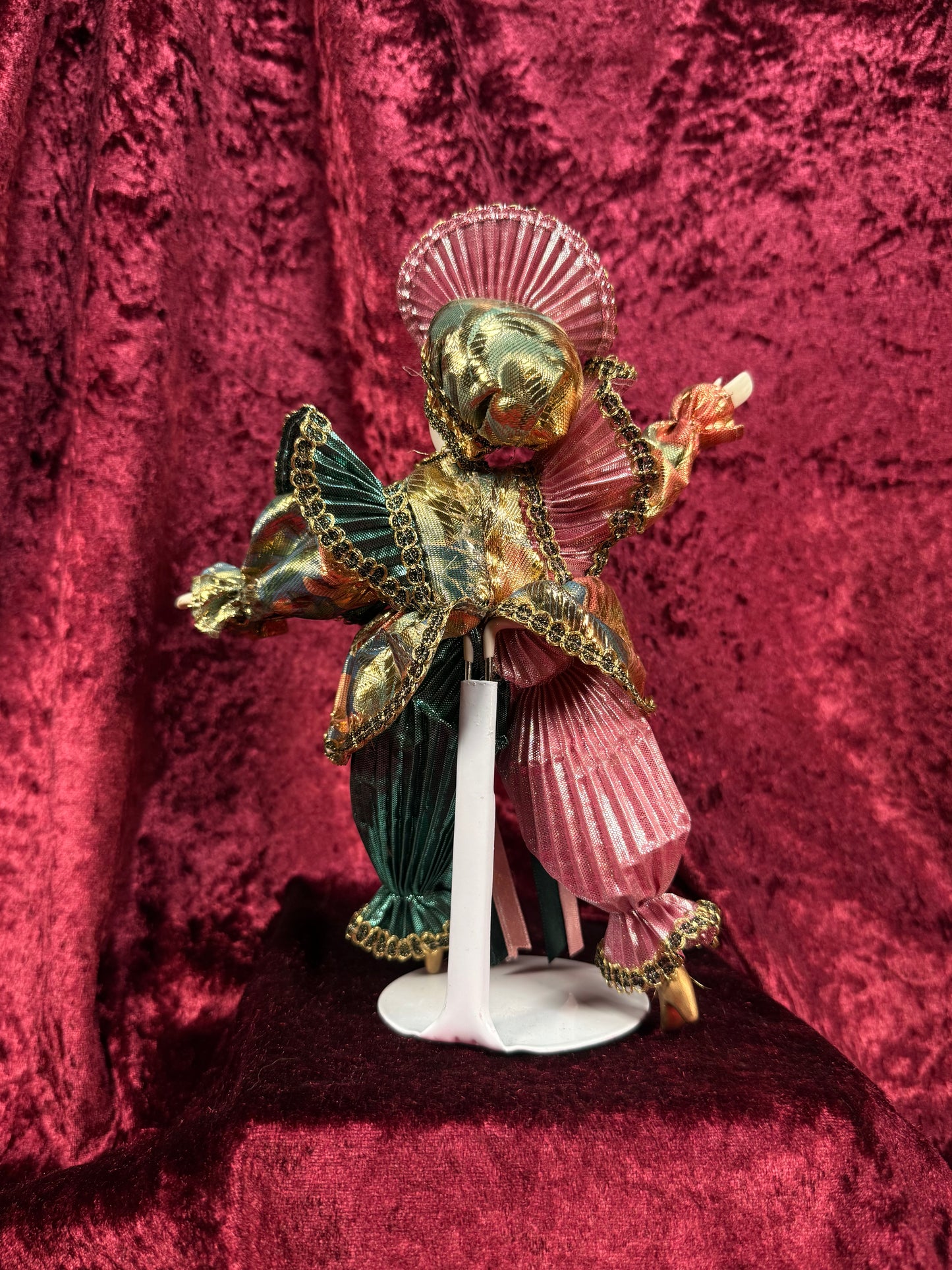 Vintage Porcelain Jester Doll – Metallic Pleated Costume Renaissance Figure - Pink Teal and Gold