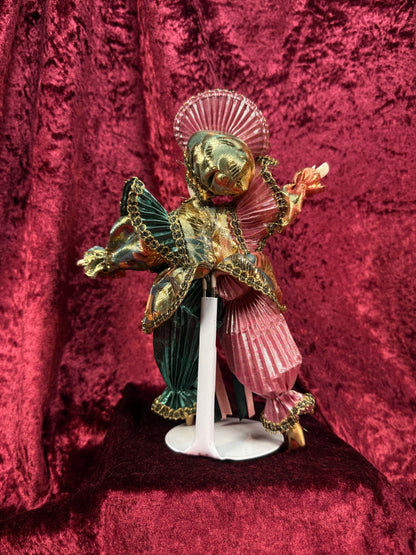 Vintage Porcelain Jester Doll – Metallic Pleated Costume Renaissance Figure - Pink Teal and Gold