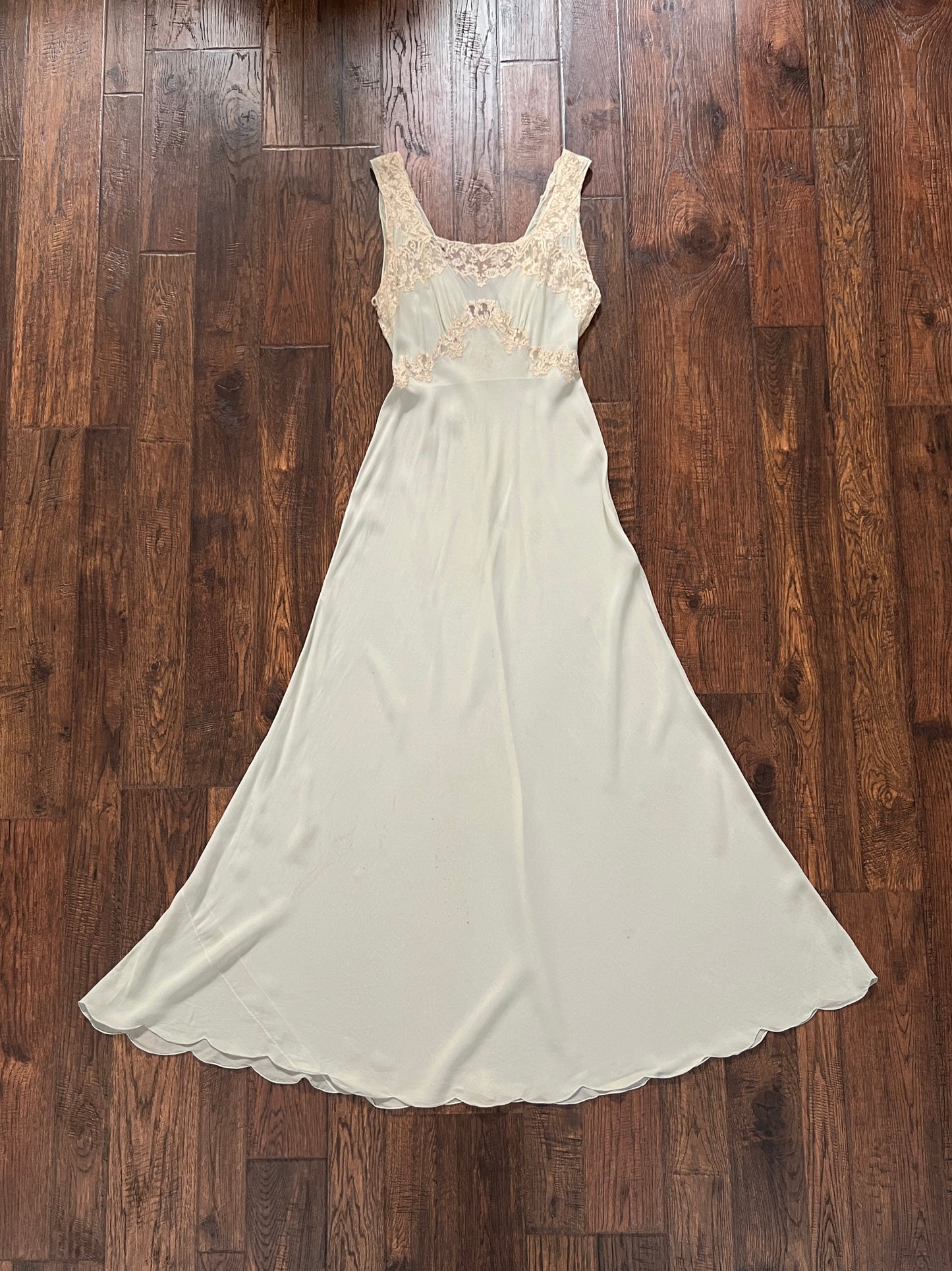 Vintage 1940s Bias Cut Slip Dress - Seafoam Green Lace Nightgown - Medium