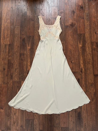 Vintage 1940s Bias Cut Slip Dress - Seafoam Green Lace Nightgown - Medium