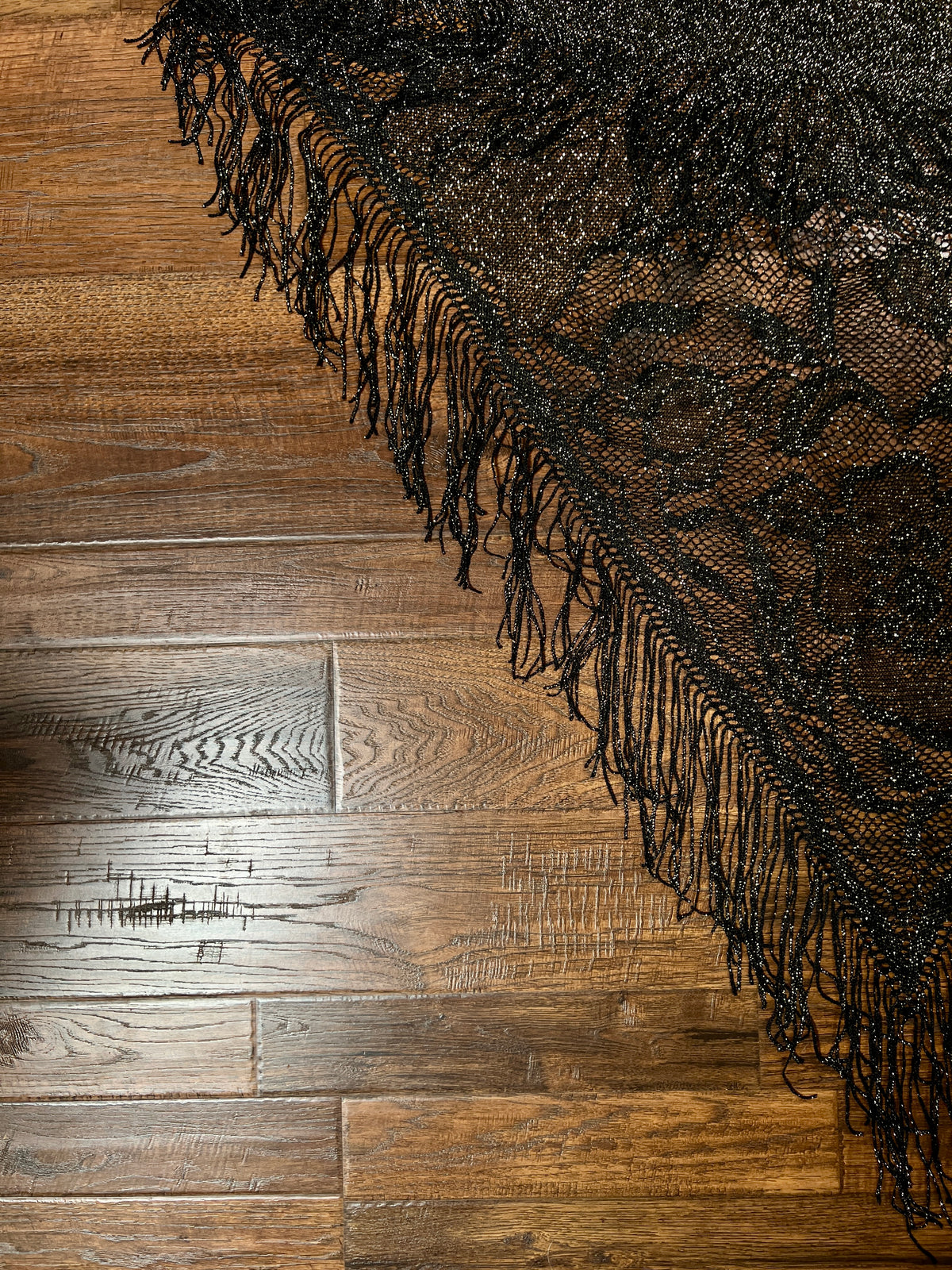 Vintage Metallic Net Shawl - Black Gold Floral Lace Fringe Triangle Wrap