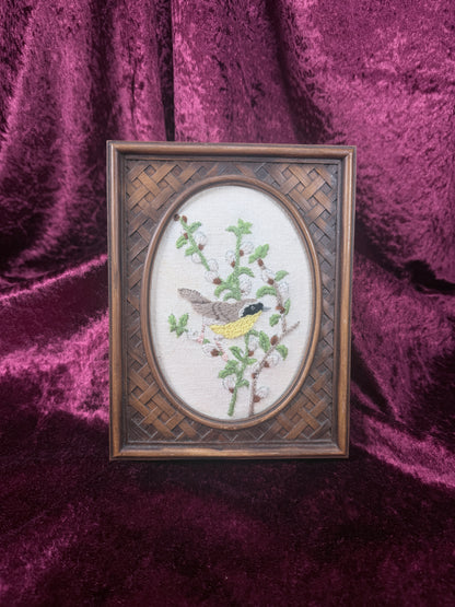 Vintage Woven Wood Framed Crewel Embroidery - Chickadee Bird Botanical Textile Art