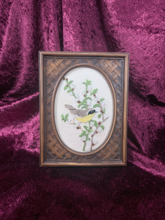 Vintage Woven Wood Framed Crewel Embroidery - Chickadee Bird Botanical Textile Art
