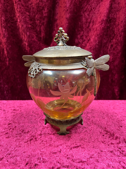 Vintage Oddities - Antique Art Nouveau Opium Jar - Etched Amber Glass - Castilian Poland