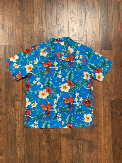 Vintage Clothing - Short Sleeve Button Up - Hawaiian Flowers and Parrots - Blue - Large - Made In Hawaii