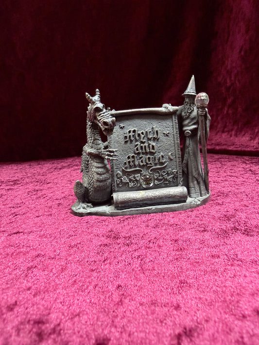 Vintage 1990s Pewter Myth and Magic “The Magical Encounter” – Two-Crystal Wizard & Dragon Figurine