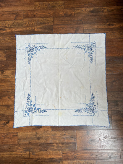 Vintage Linens - Square Tablecloth - Embroidered Blue Roses - 40” X 39.5”