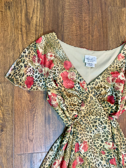 Vintage 1990s Kathie Lee Woman Leopard Print & Red Flowers Mid Length Dress - 18W