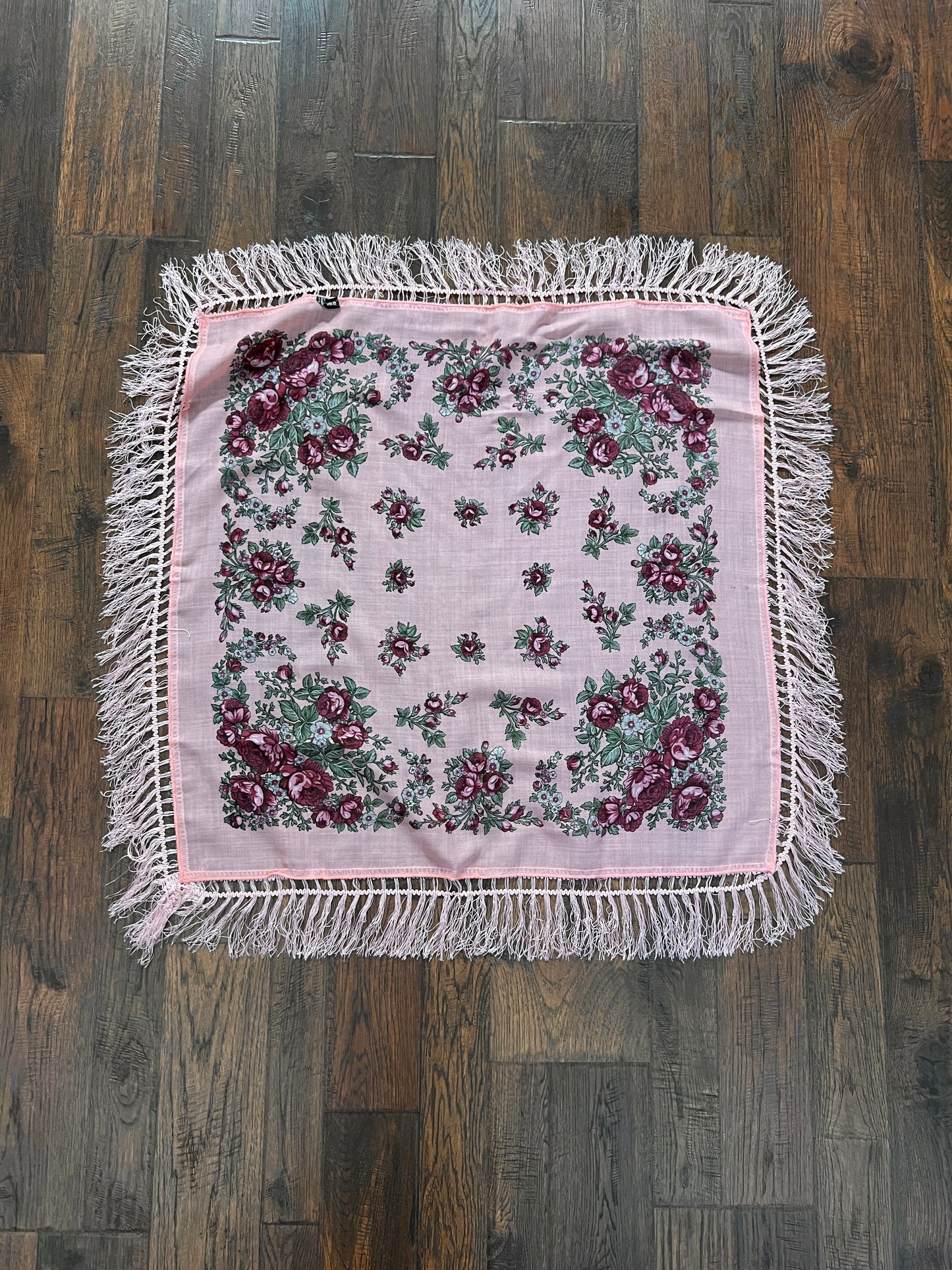 Vintage Kashmir Woole Floral Fringe Scarf - Pink Rose Square Wrap Bohemian Style