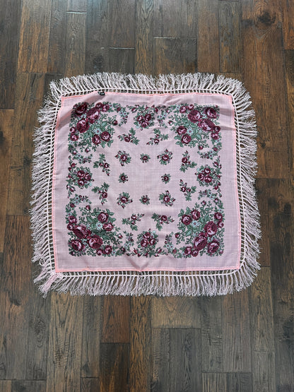 Vintage Kashmir Woole Floral Fringe Scarf - Pink Rose Square Wrap Bohemian Style