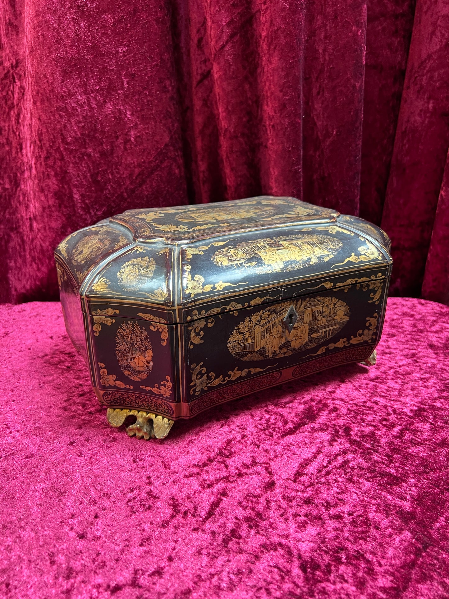 Antique Sewing Kit - Black Lacquer Ladies Work Box - Octagonal 19th Century Asian Chinoiserie