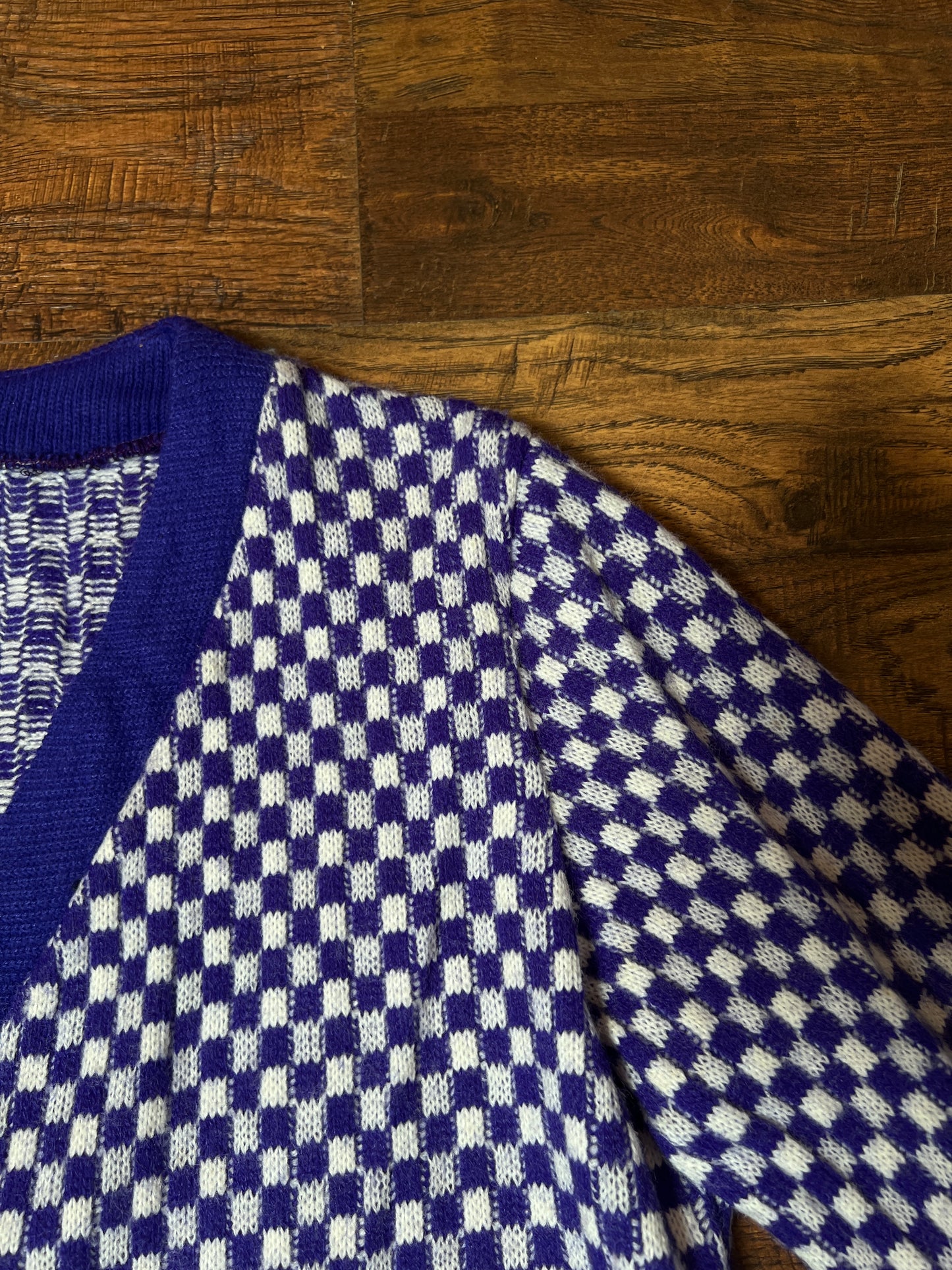 Vintage Acrylic Cardigan - Purple White Checkered Knit Button Front Sweater - Small