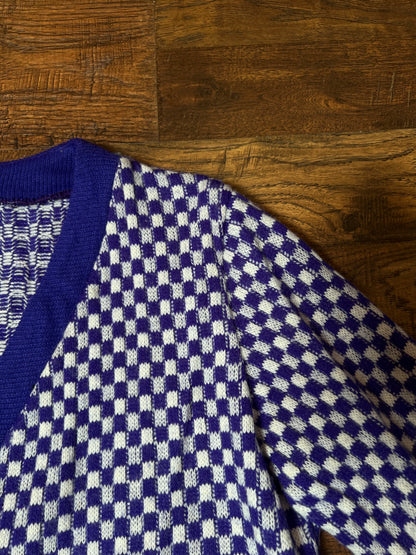 Vintage Acrylic Cardigan - Purple White Checkered Knit Button Front Sweater - Small