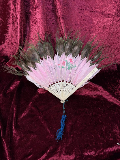 Antique Chinese Handheld Fan - Peacock Feathers and Pierced Bone Staves – Hand Painted