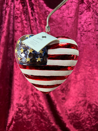 Vintage Christmas - Handblown Glass Ornament - American Flag Heart - Radko / American Red Cross
