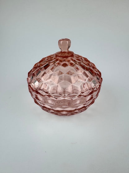 Vintage Whitehall Cubist Pattern Pink Glass Candy Dish with Lid