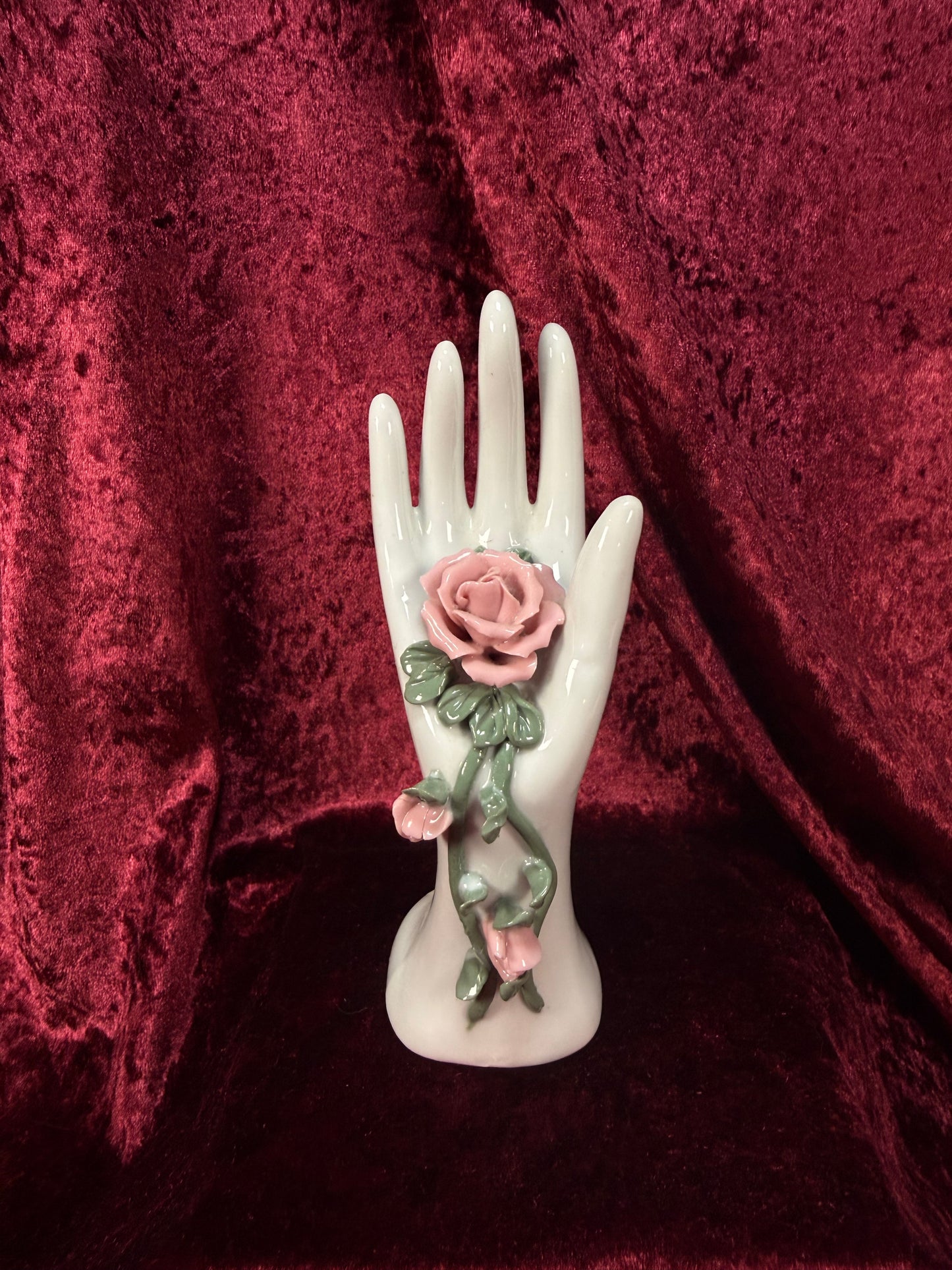 Vintage Porcelain Hand Ring Holder – Pink Rose Vanity Display