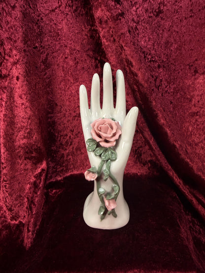 Vintage Porcelain Hand Ring Holder – Pink Rose Vanity Display