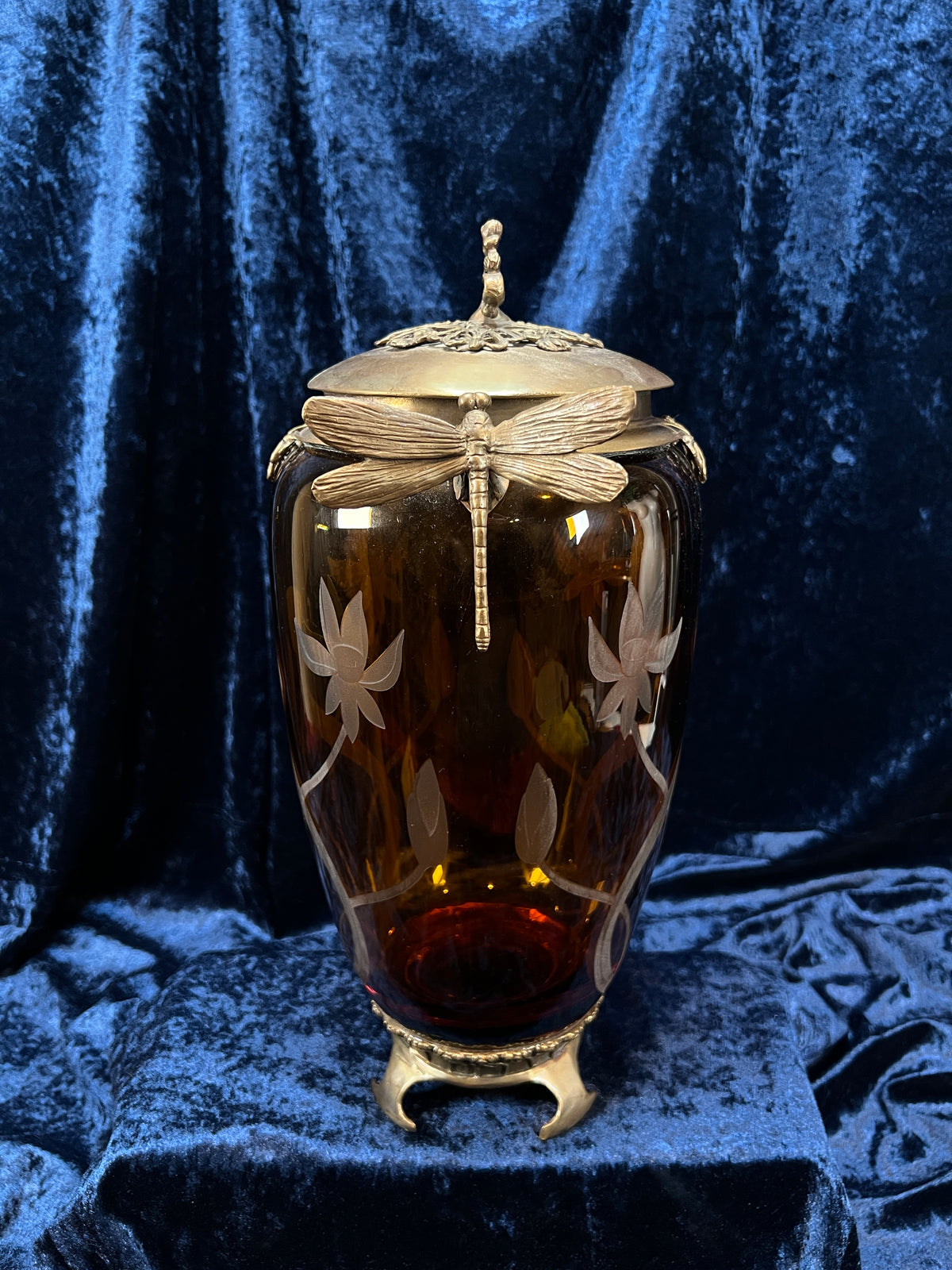 Vintage Art Nouveau Revival Opium Jar - Etched Poppies on Amber Glass - Castilian Poland