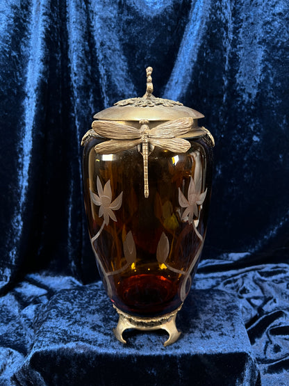 Vintage Art Nouveau Revival Opium Jar - Etched Poppies on Amber Glass - Castilian Poland