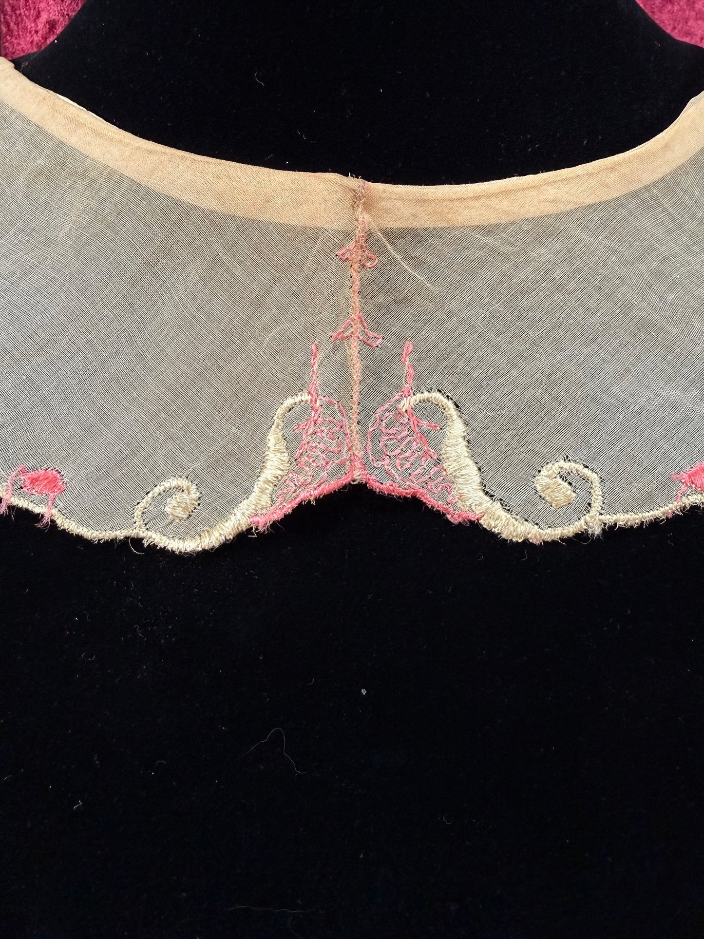 Vintage Sheer Lace Collar – Pink Embroidered Floral Pointed Overlay