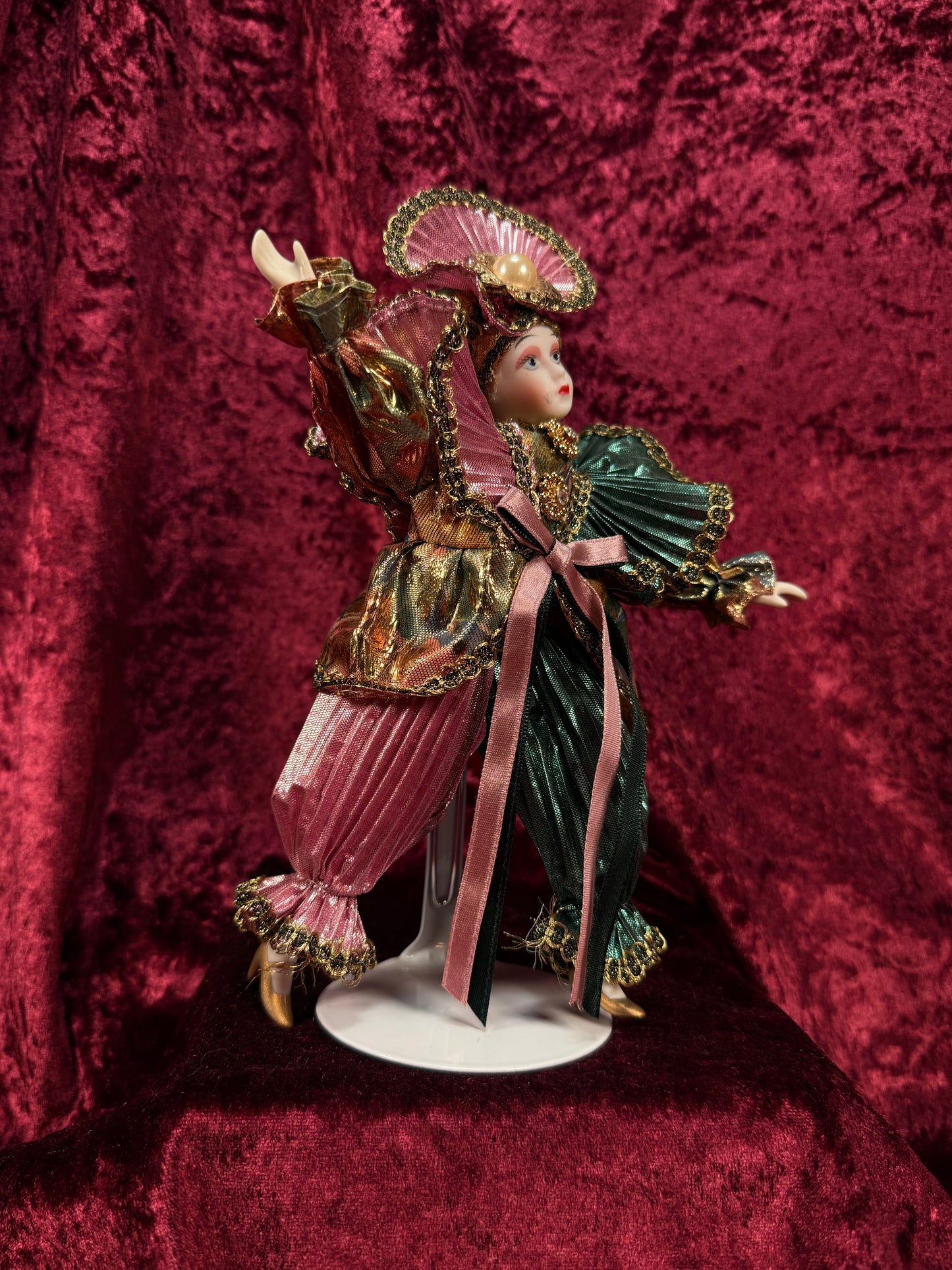 Vintage Porcelain Jester Doll – Metallic Pleated Costume Renaissance Figure - Pink Teal and Gold